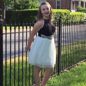 white and black jcpenney halter top homecoming dress.